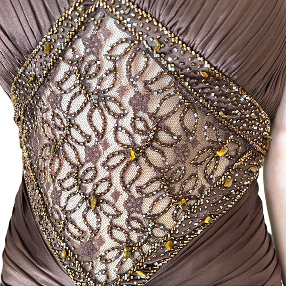 ALYCE DESIGNS Chocolate Brown Satin Formal Gown With Train and Cutout Midriff - Picture 14 of 16